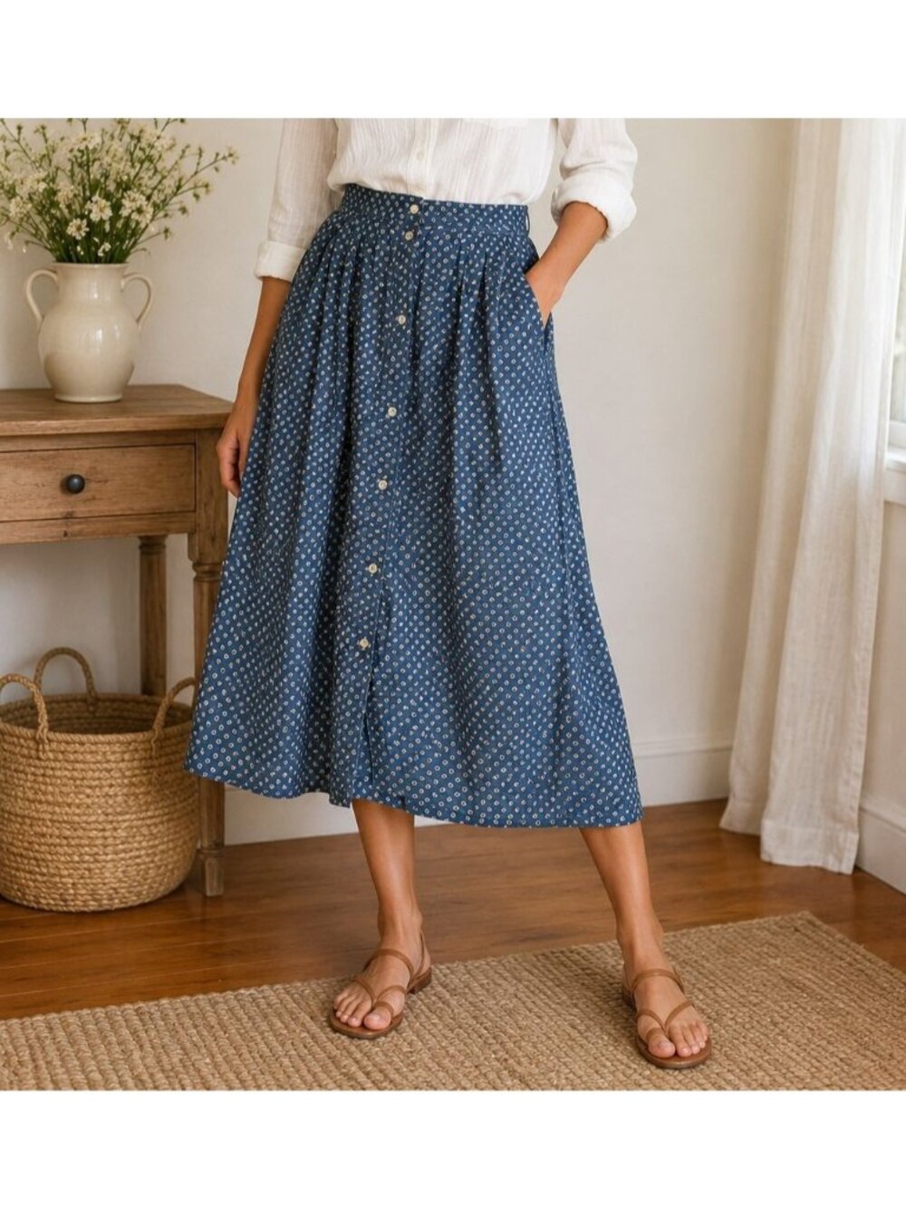 Vintage Calvin Klein Sport Blue Paisley Cotton Button Front Midi Skirt Size 8